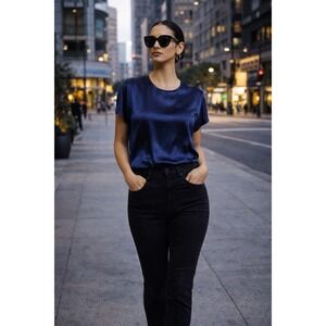 Silky navy dream top 💙 Pure Collection 100% silk — slinky & chic. Size M/L